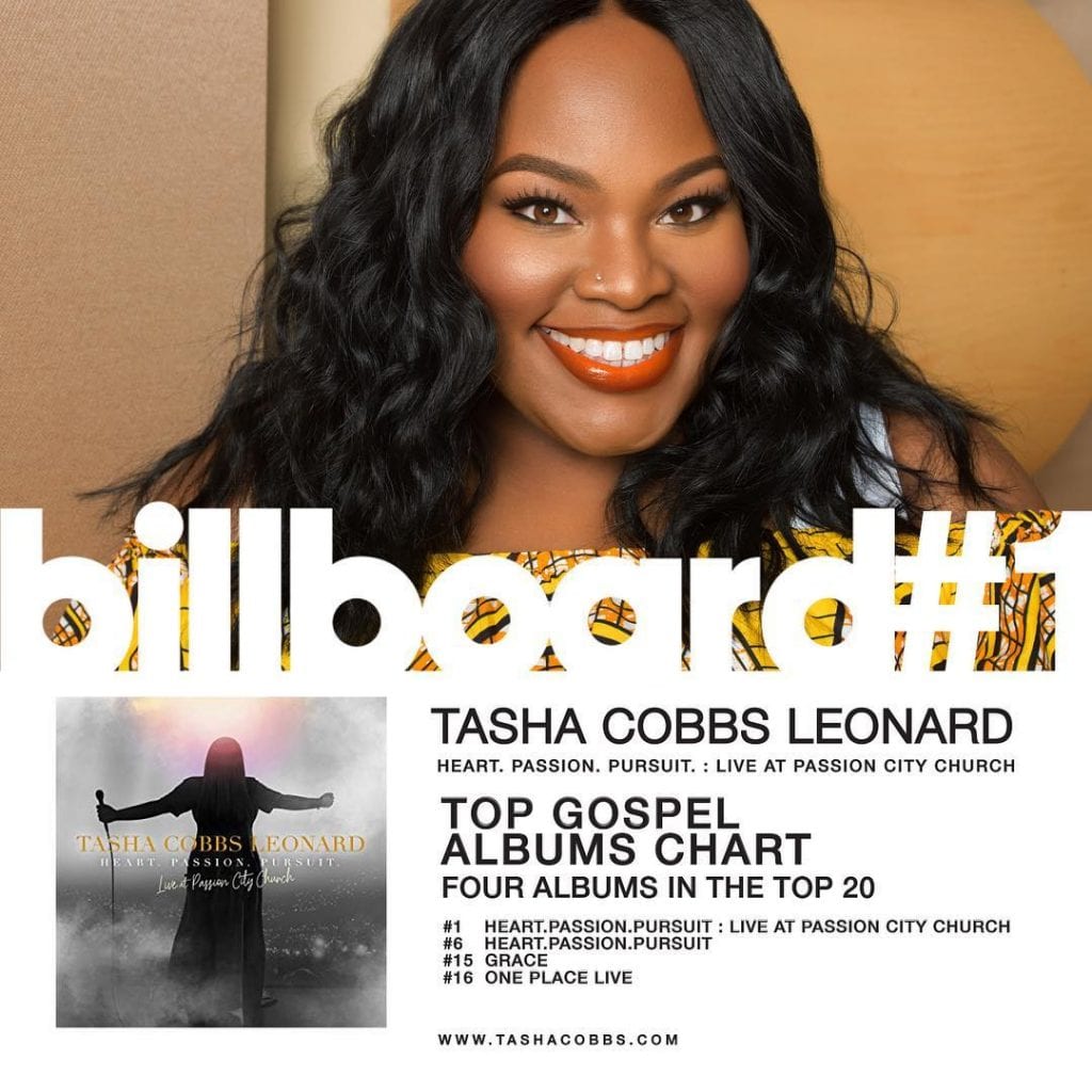 Singer, songwriter, minister, and psalmist Tasha Cobbs began her music career in Atlanta, working for her pastor father and running the family's music ministry at Jesup New Life Ministries. She began three years' worth of touring America with Pastor William H. Murphy III and his dReam Center Church of Atlanta in 2006. In 2010 she launched her solo career with the album Smile, released on her own Tasha Cobbs Ministries label. Three years later, major-label EMI would release her sophomore effort, Grace. In 2015 she moved to the Motown Gospel imprint for One Place Live, an album recorded at the Redemption Church in Greenville, South Carolina. Cobbs married music producer Kenneth Leonard on March 3, 2017. Five months later, Tasha Cobbs-Leonard released a new album, Heart. Passion. Pursuit. 